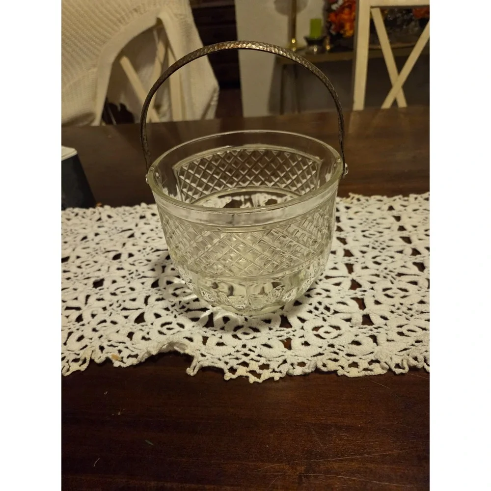vintage glass ice bucket with hammered handle, Hollywood Regency